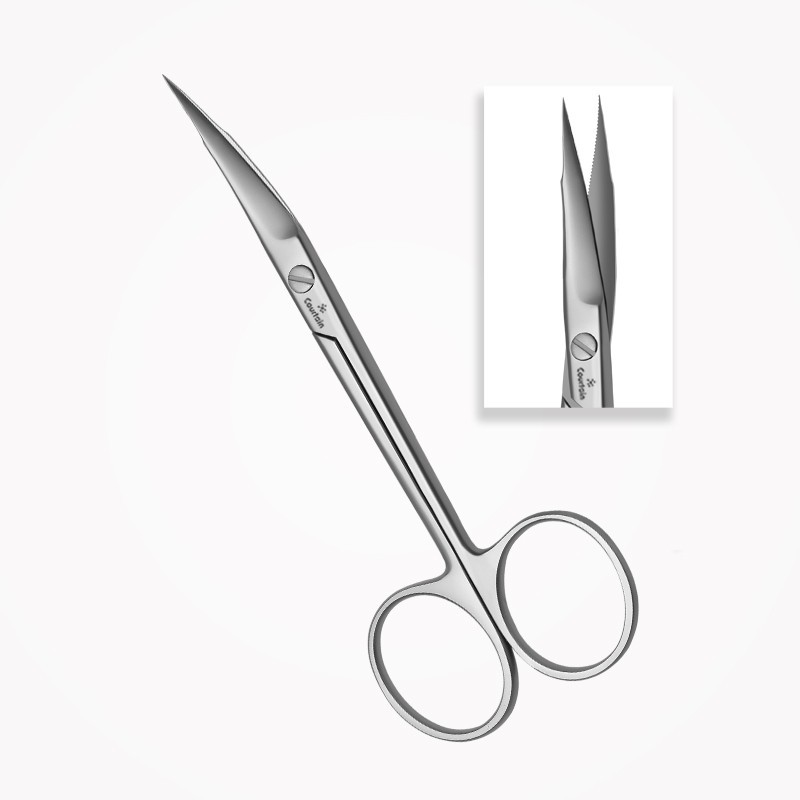 Ciseaux chirurgicaux, STEVENS, 11 cm, Lames tranchantes des deux côtés, Courbés, Une lame dentelée Ciseaux chirurgicaux, STEVENS, 11 cm, Lames tranchantes des deux côtés, Courbés, Une lame dentelée